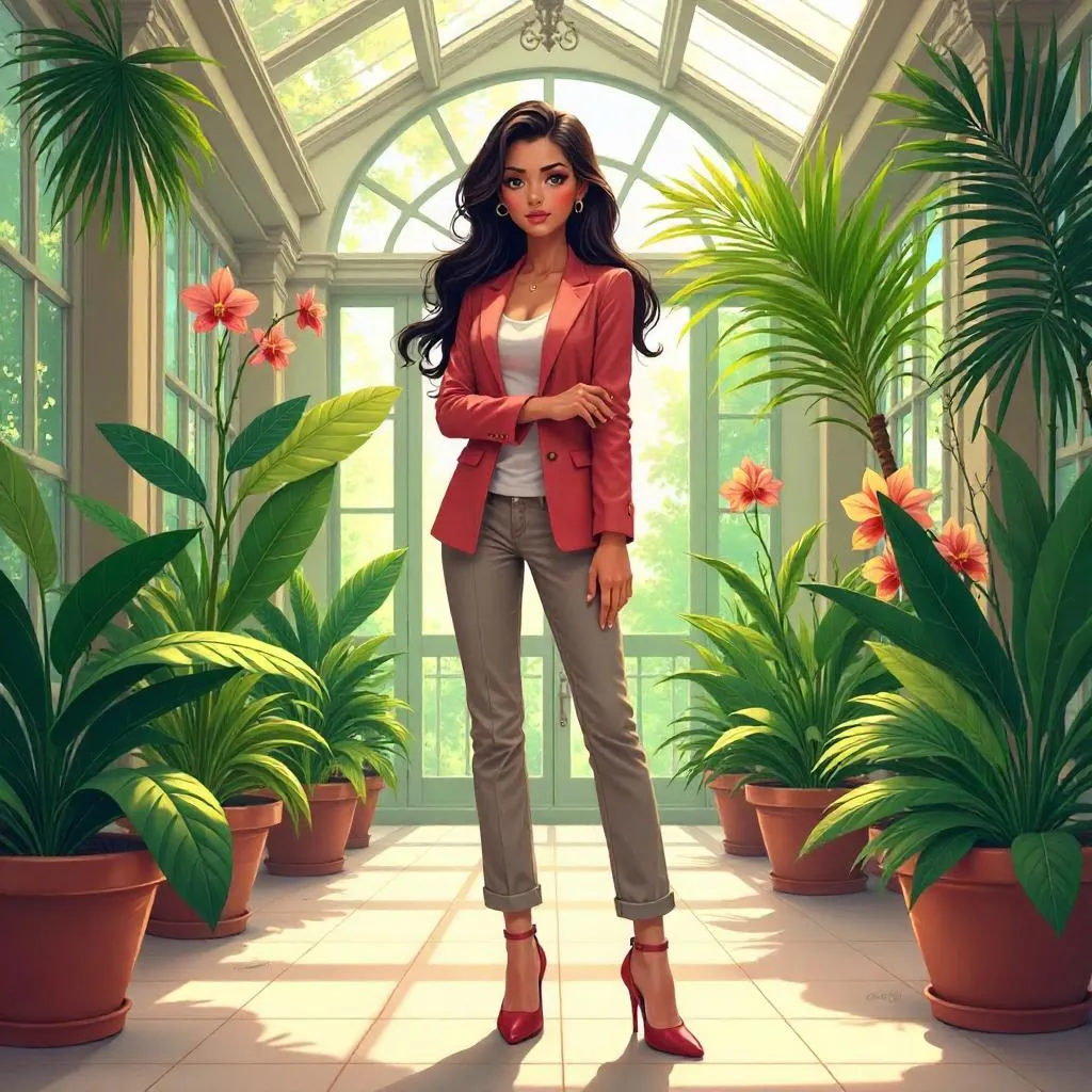 Stylish Latina Anime Girl in a Lush Conservatory