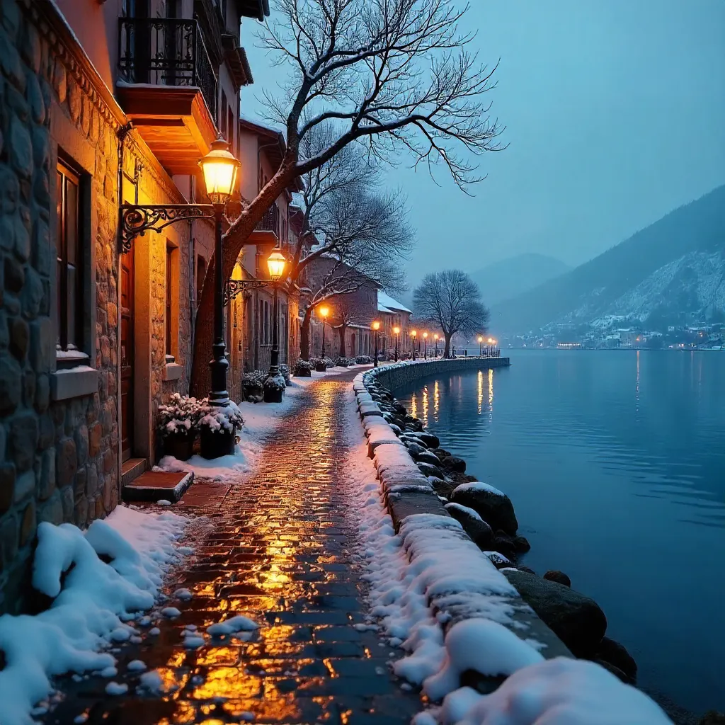 Winter Lamps over Ohrid: Snowy Twilight by the Lake
