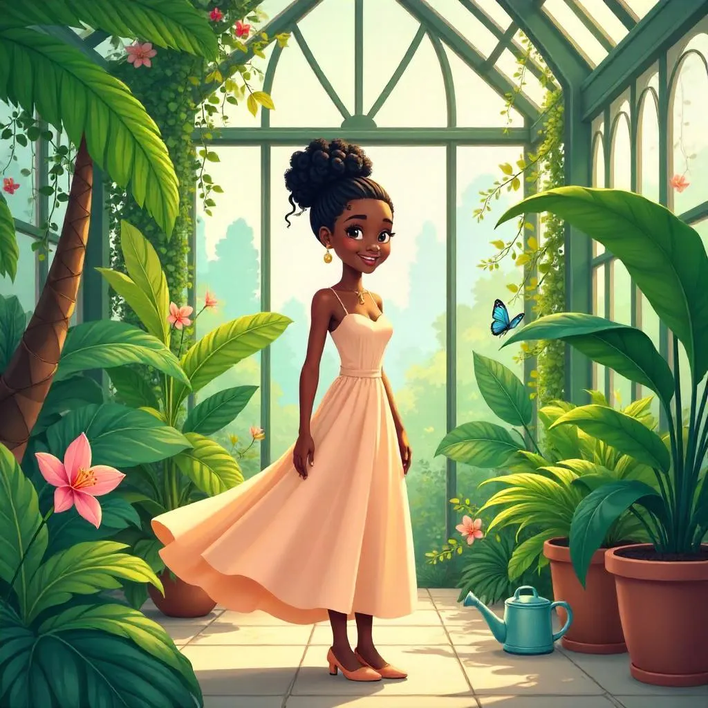 Elegant Black Girl in a Glass Conservatory