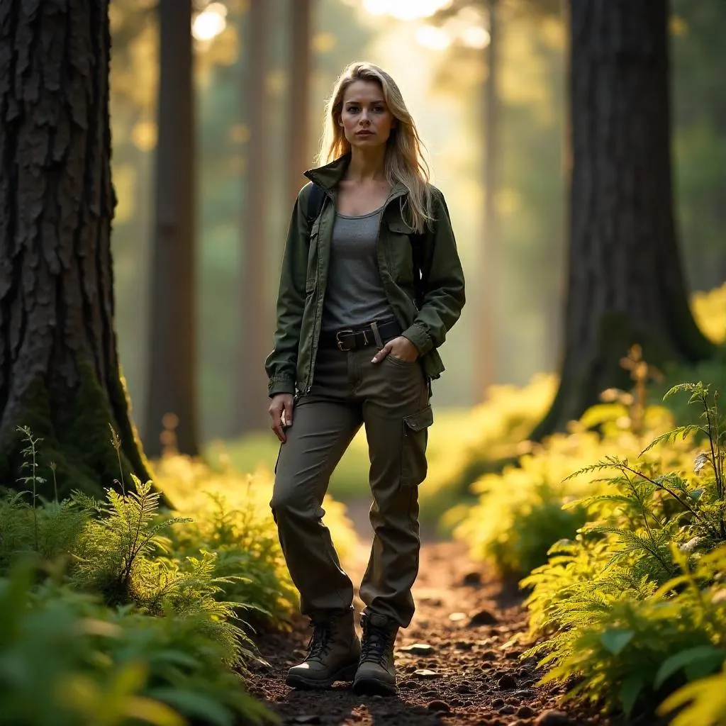 Confident White Woman in a Sunlit Forest