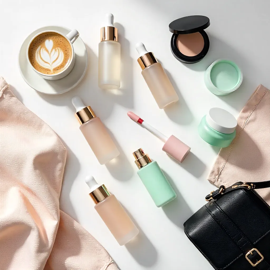 Flat Lay of Trendy Asian Cosmetics, Coffee, Bag & Apparel