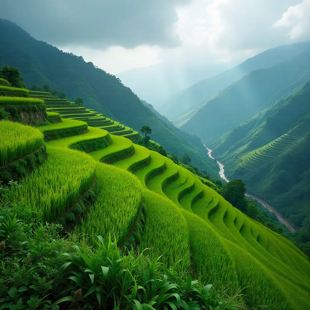 Breathtaking Terraced Rice Fields on Misty Mountain