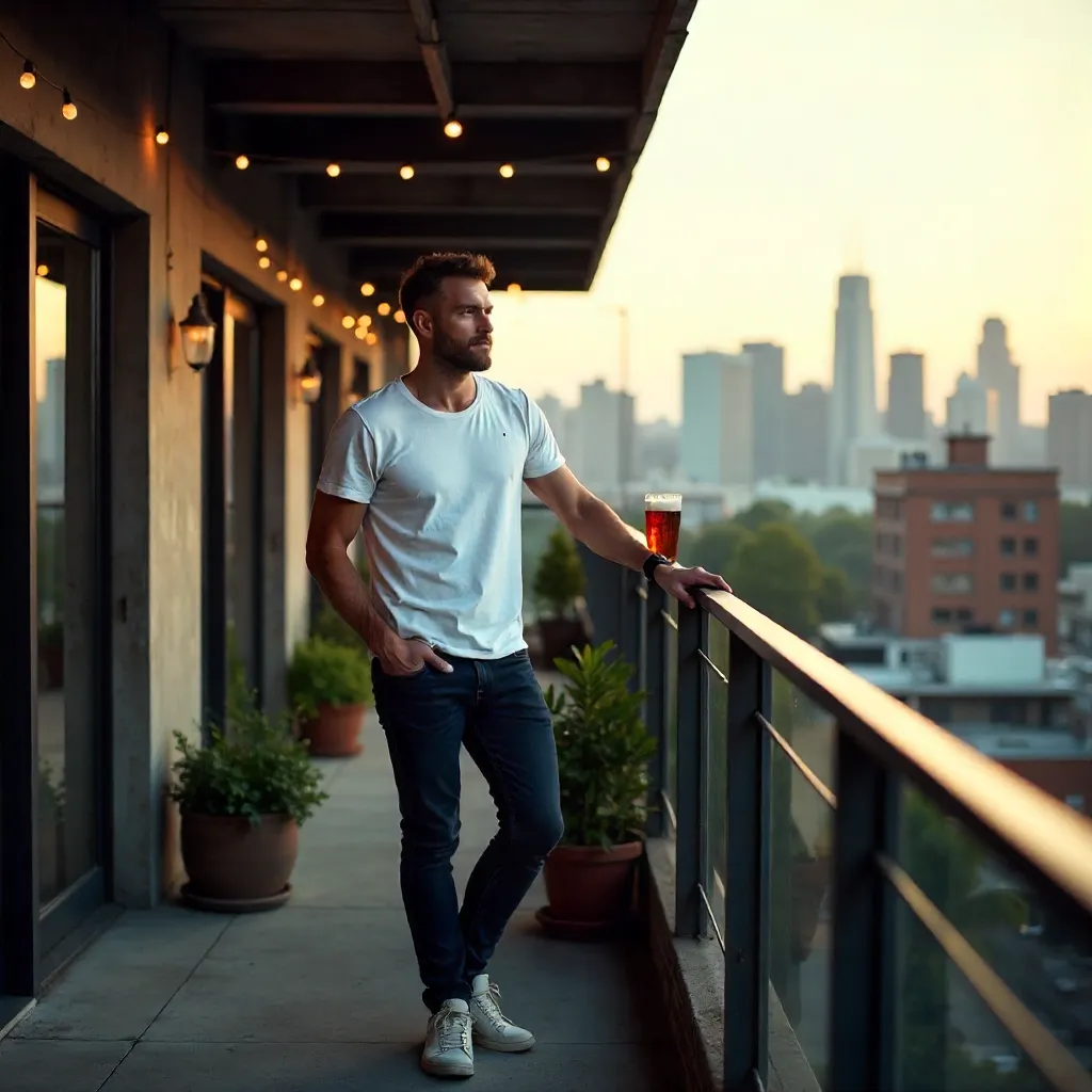 Casual Man Enjoying a Drink on an Industrial Balcony