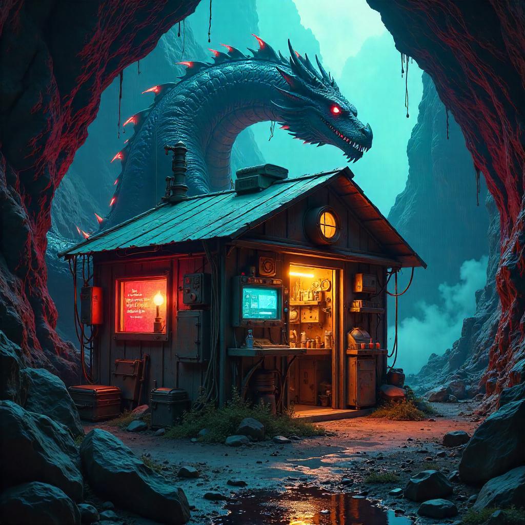 Cyberpunk Hut in a Dragon's Lair