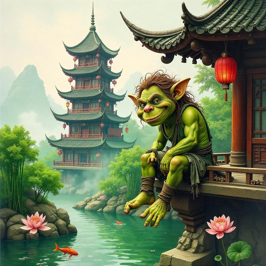 Whimsical Troll in a Misty Pagoda (Watercolor)
