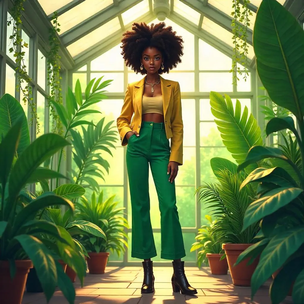 Stylish Black Woman in a Luminous Anime Greenhouse