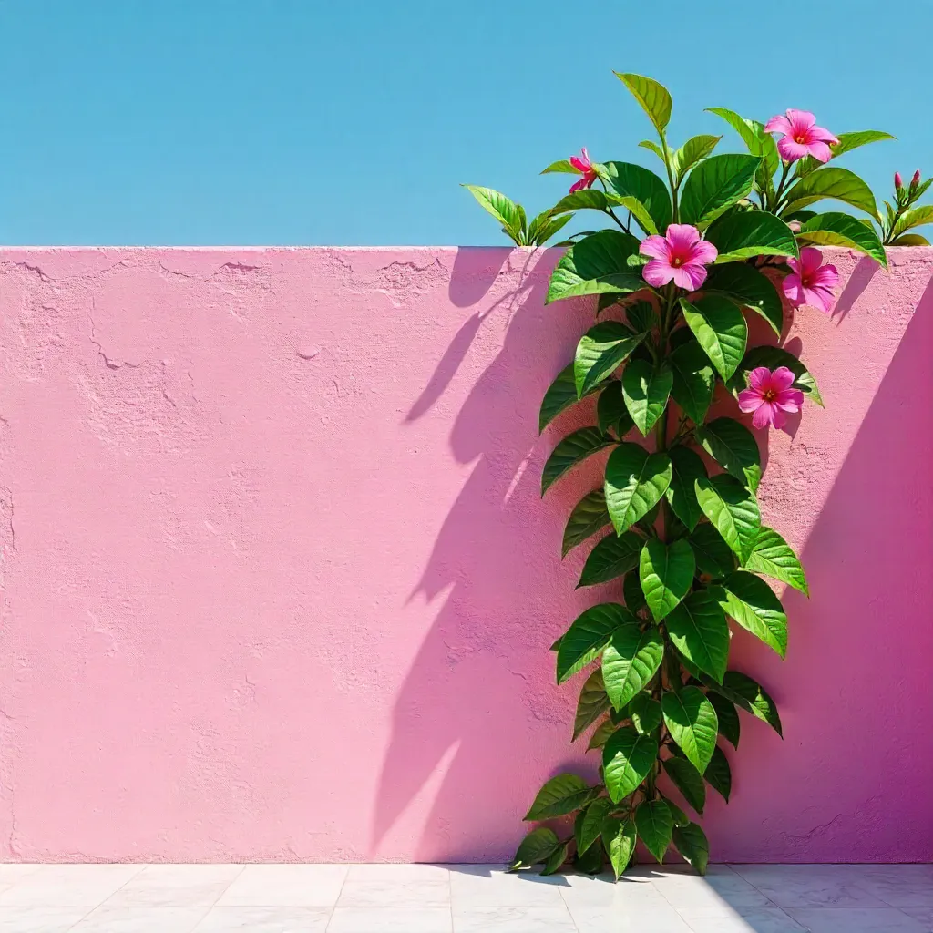 Pink Wall with Vibrant Plant under Blue Sky