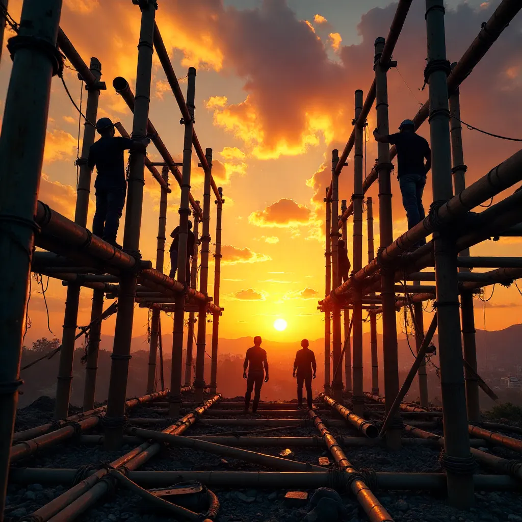 Silhouetted Workers on Bamboo Scaffold at Sunset