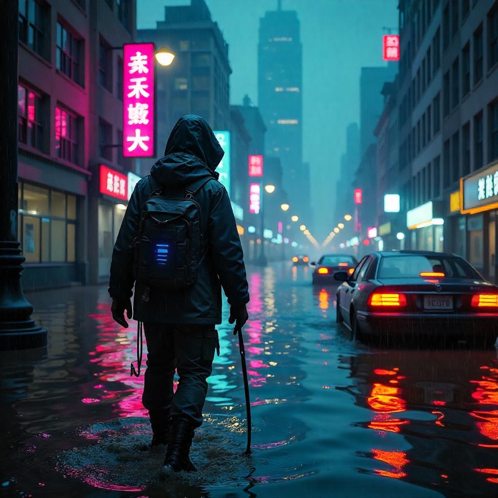 Neon Thief in a Flooded City