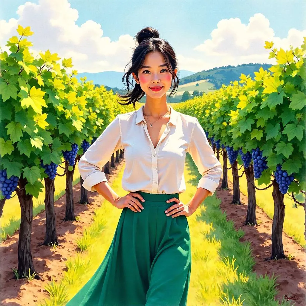 Confident Asian Woman in a Vineyard (Watercolor)