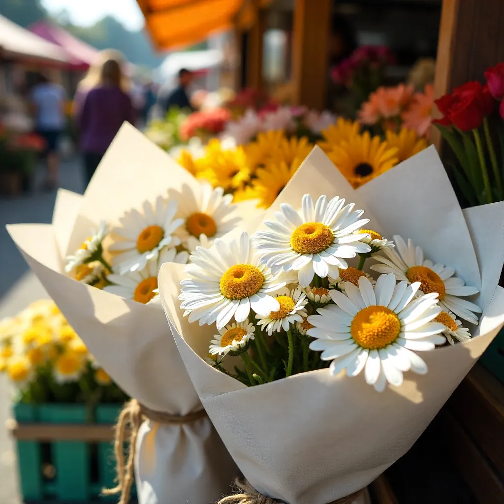 Vibrant Daisy Bouquets Wrapped in White Paper at Market