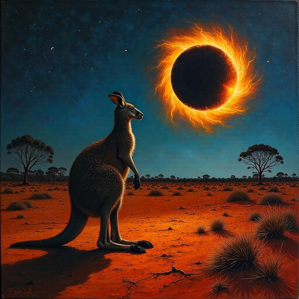 Kangaroo Under a Solar Eclipse: An Oil Painting