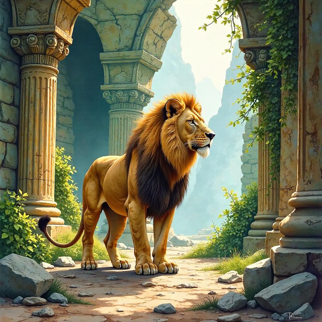 Majestic Lion in Temple Ruins - Watercolor