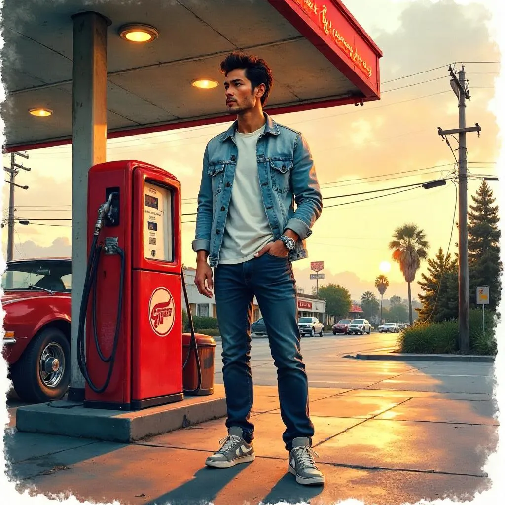 Watercolor Portrait: Handsome Asian Man at a Gas Station