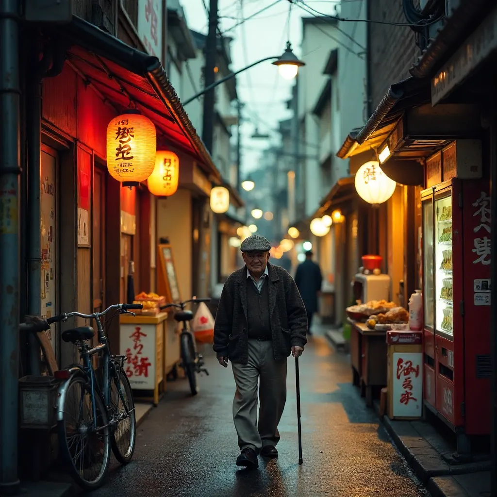 An Elderly Man Walking Through a Tokyo Street