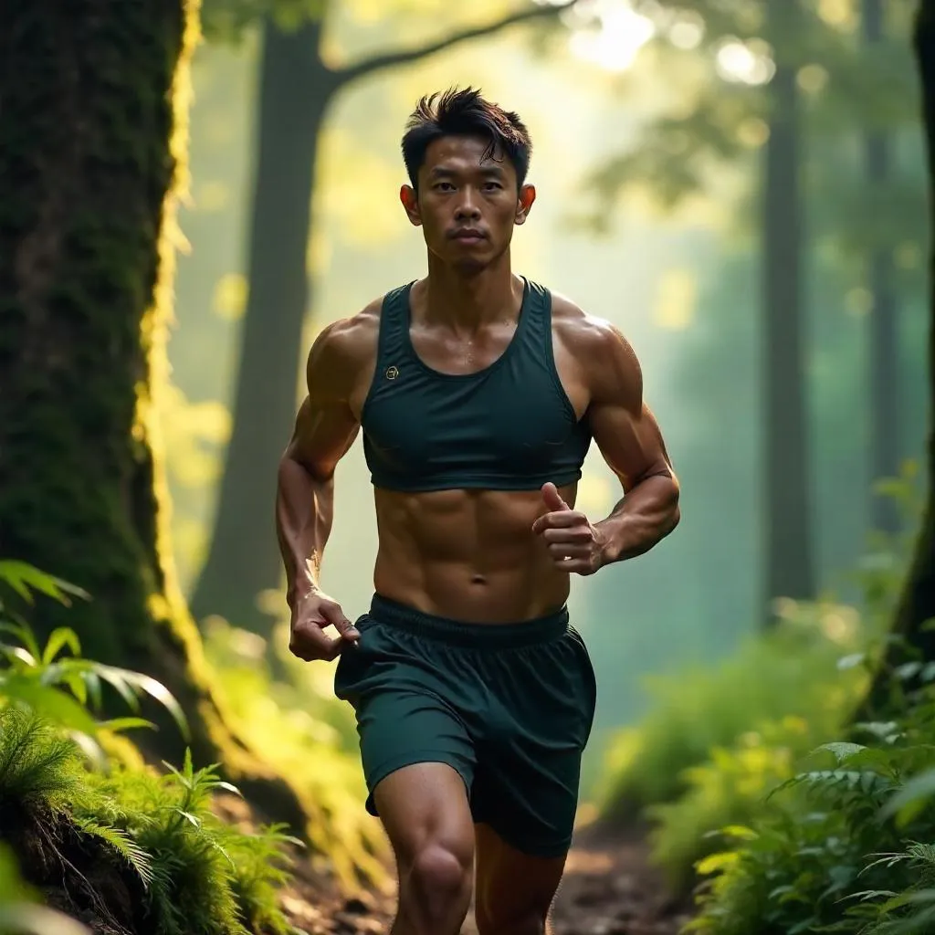 Athletic Asian Man in a Lush Forest, Photorealistic