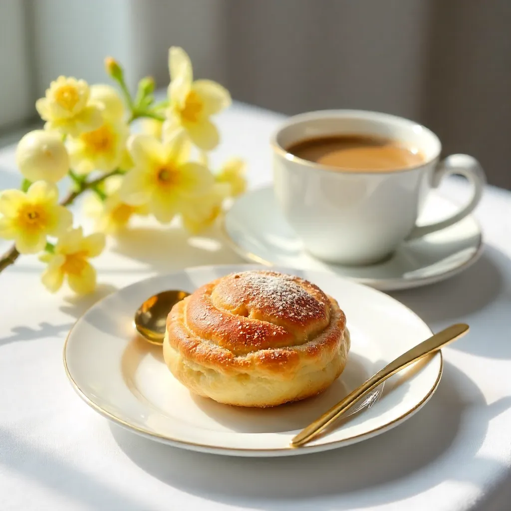 White Elegance: Pastry, Gold Spoon, Mimosa Still Life