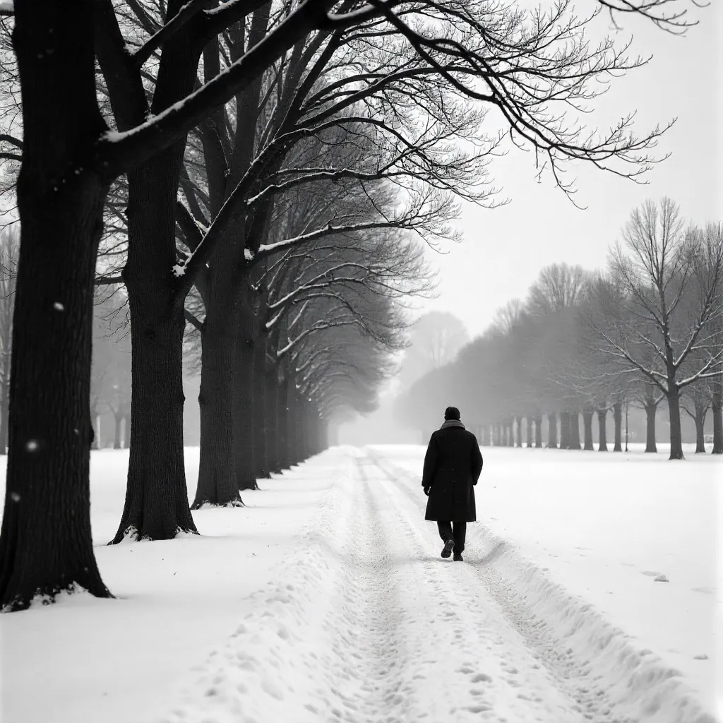 Lone Walker in a Serene Monochrome Winter Park