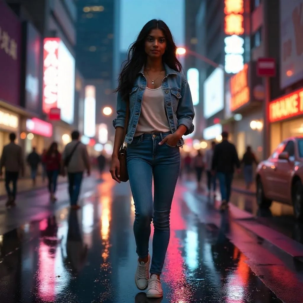Photorealistic Young Indian Woman in an Urban Street at Dusk