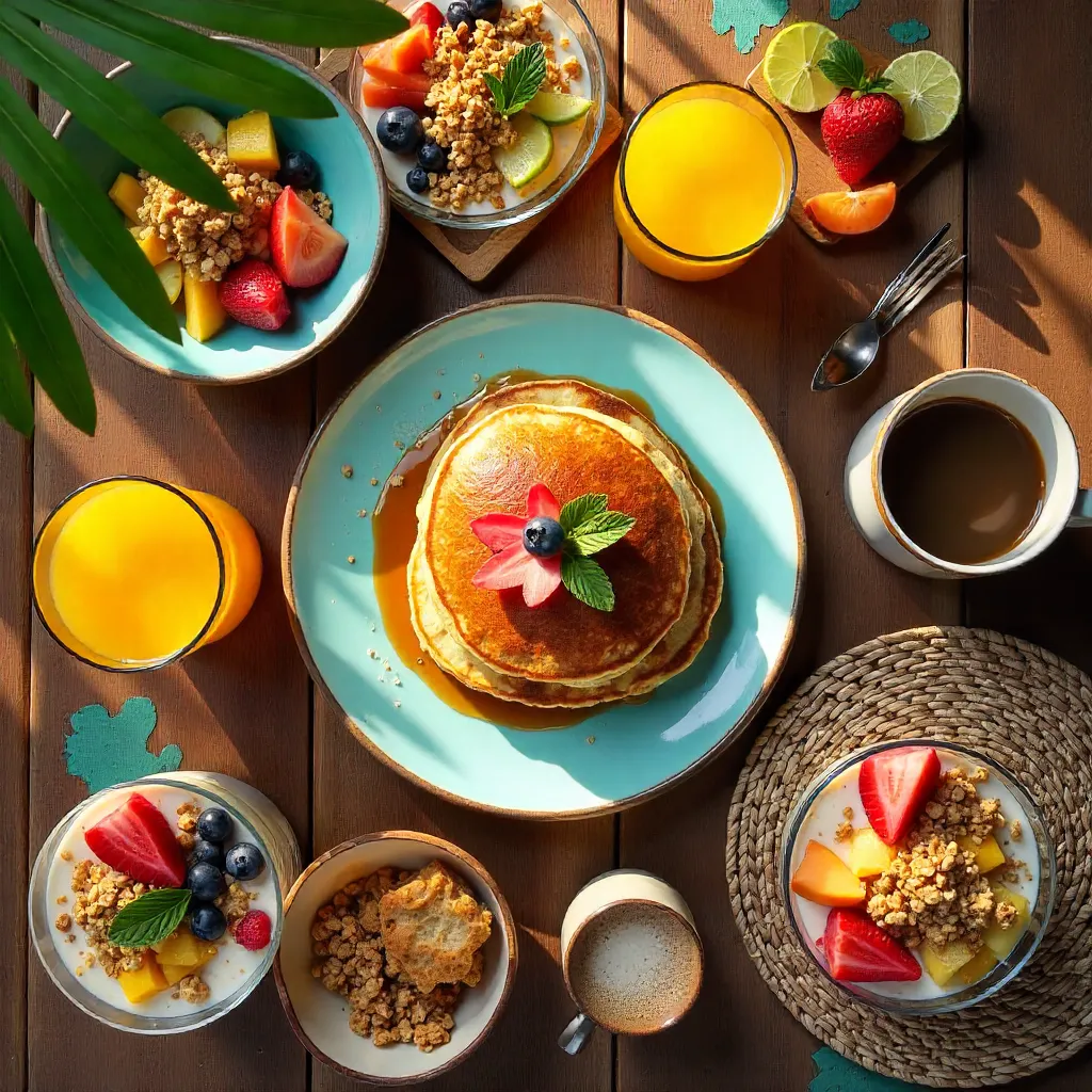 Sunlit Tulum Breakfast: Bowls, Pancakes & Palm Leaves
