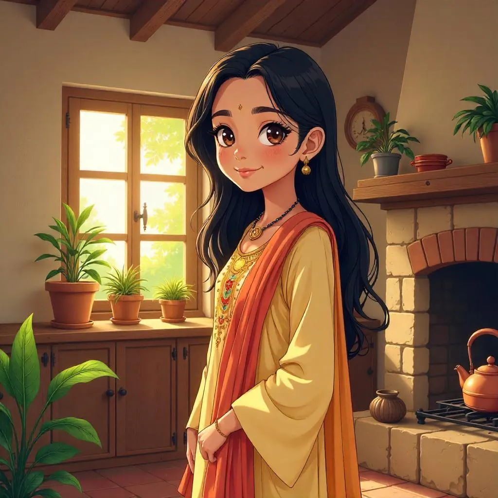 Anime-Style Indian Girl in a Cozy Cottage