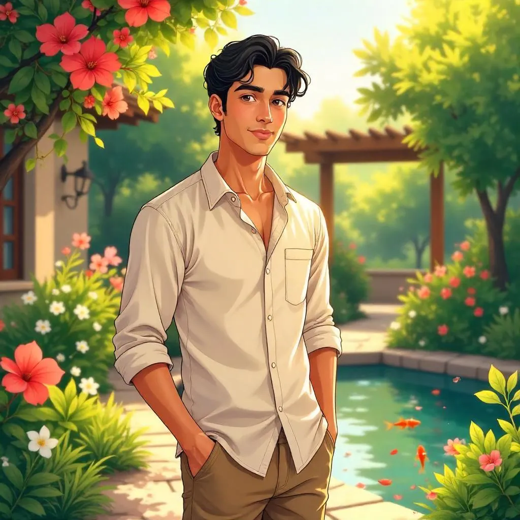 Anime-style Middle Eastern Youth in a Garden
