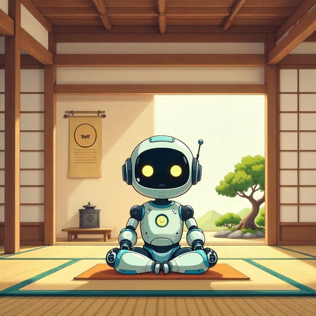 Cartoon Robot Meditating in a Zen Temple
