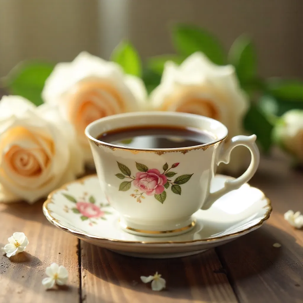 Elegant Coffee Cup on Floral Saucer with White Roses