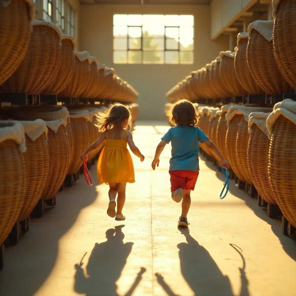 Two Children Run Among Symmetrical Basket Rows