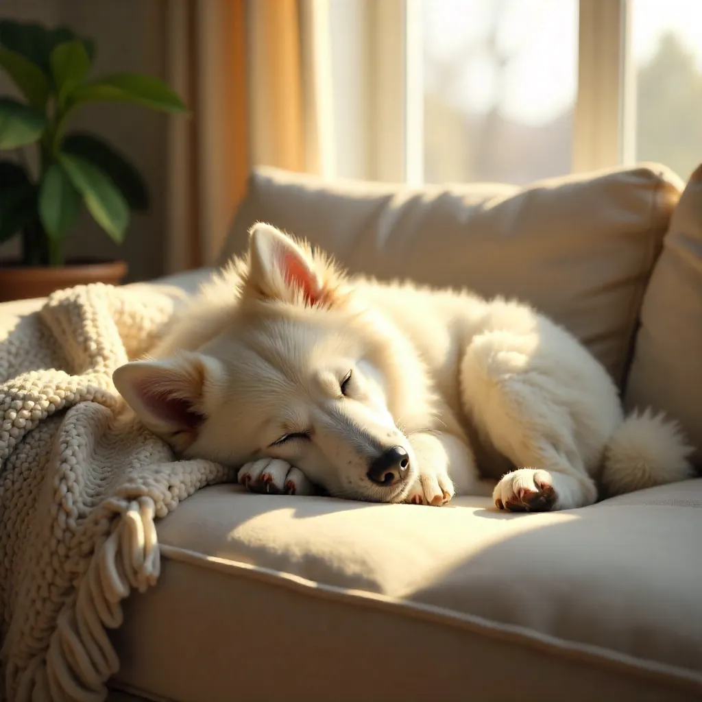 Sunlit Slumber: Fluffy White Dog on a Couch
