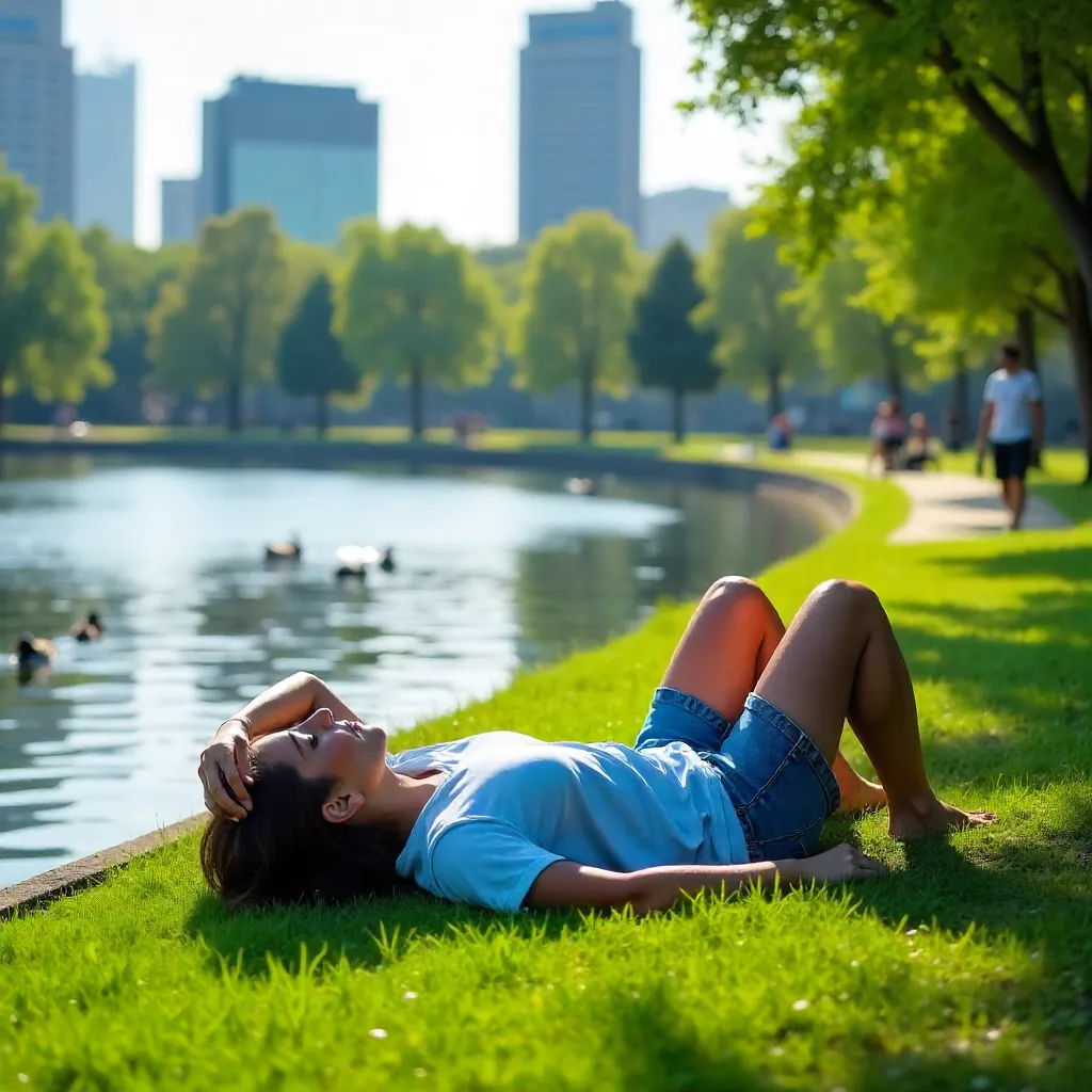 Sunlit Riverbank: Person Resting in an Urban Park
