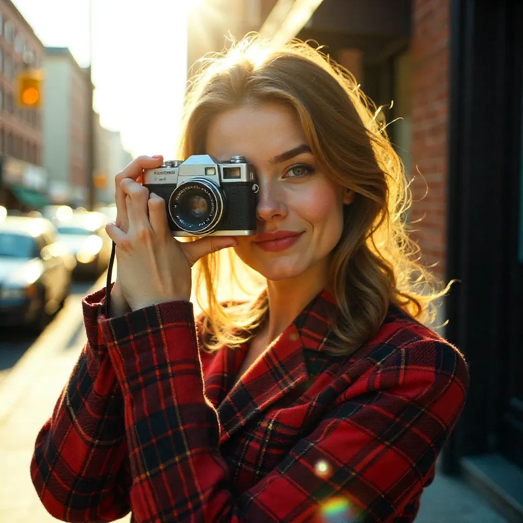 Candid plaid self-portrait with vintage camera