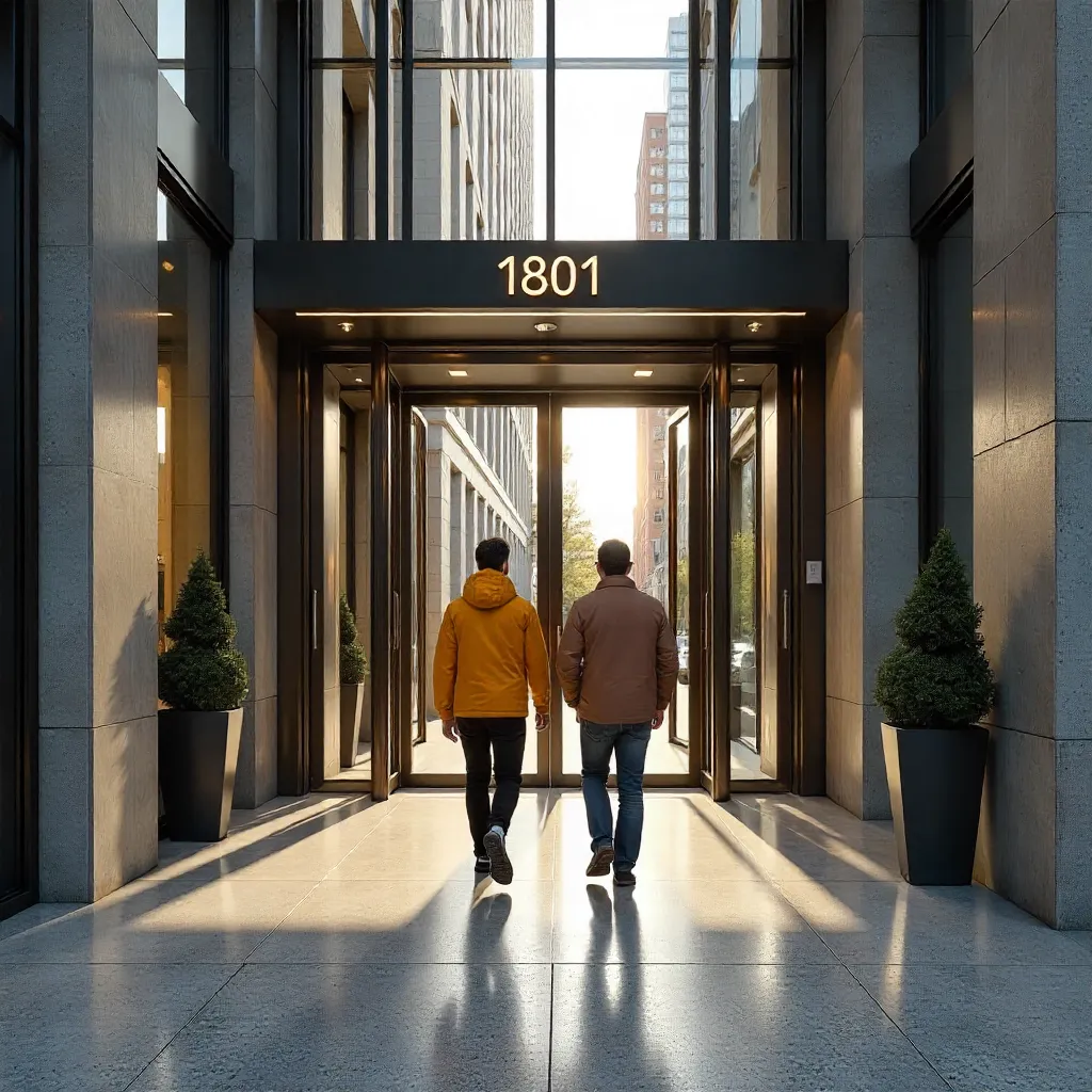 Two People Entering a Modern Building Entrance 1801