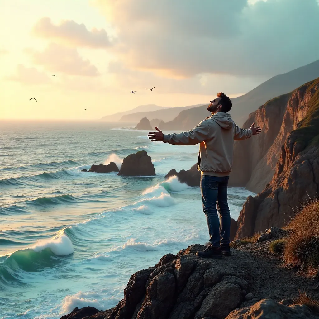 Man on Rocky Cliffs Embracing Coastal View