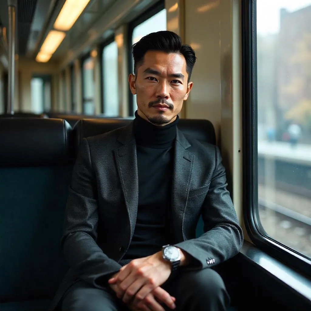 Photorealistic Stylish Asian Man on a Train
