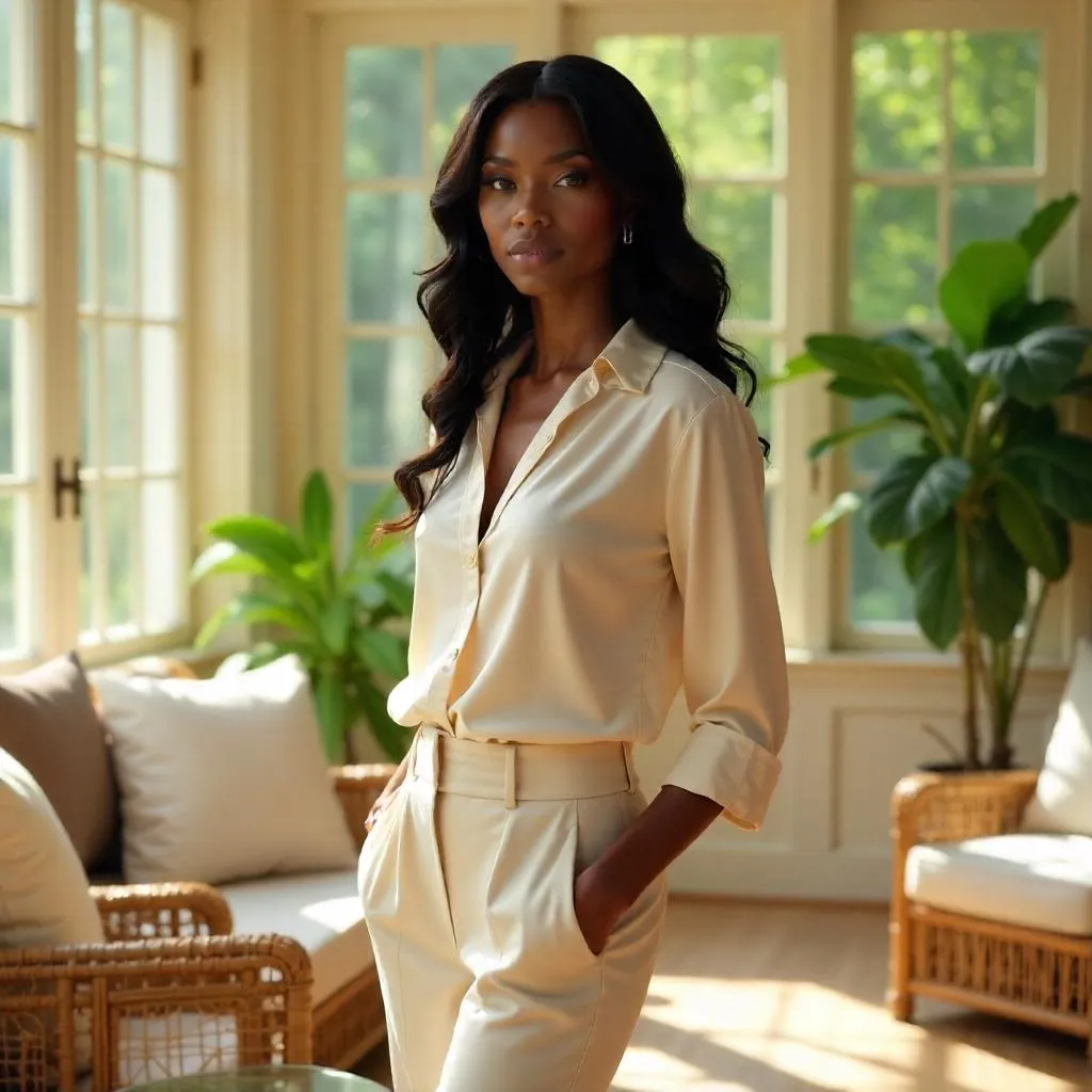 Elegant Black Woman in a Sunlit Sunroom