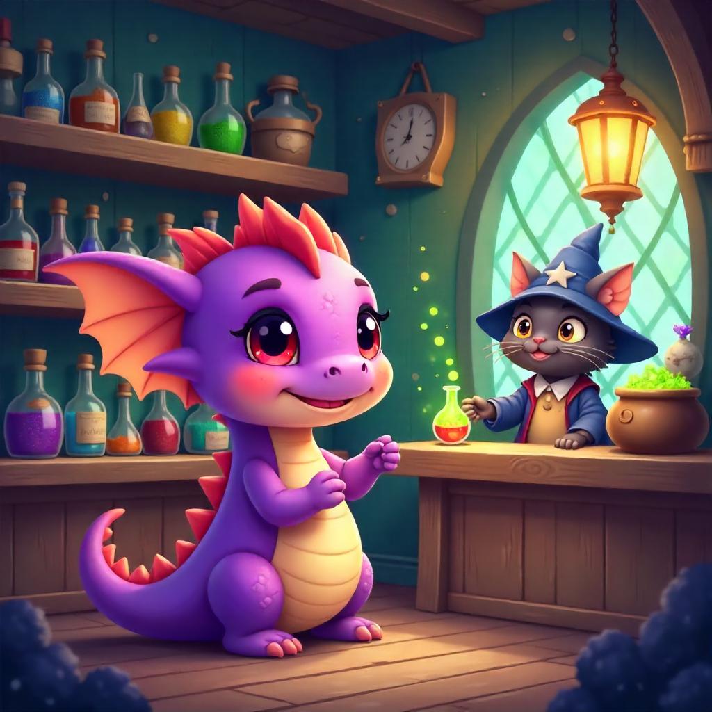 Cartoon Dragon in a Potion Shop