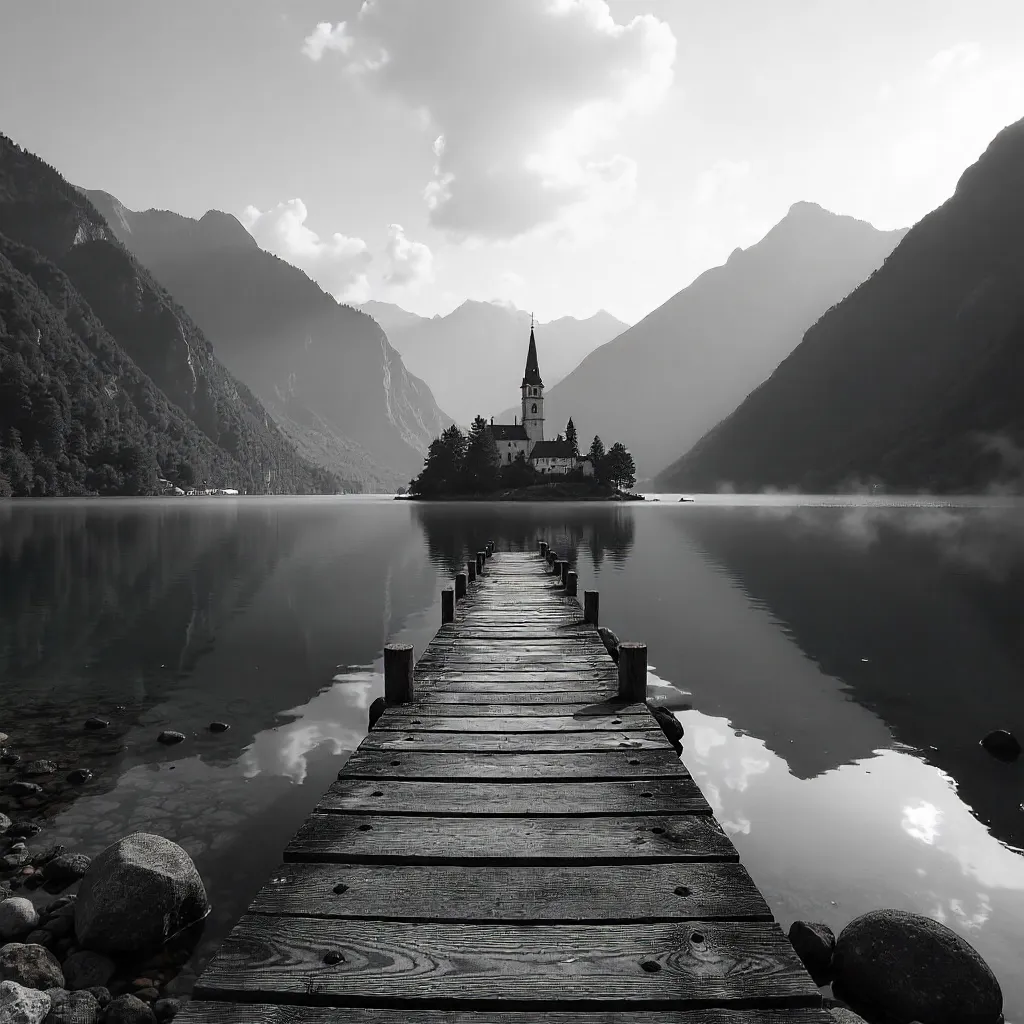 Monochrome Vista: Bled Island Church amid Alpine Peaks