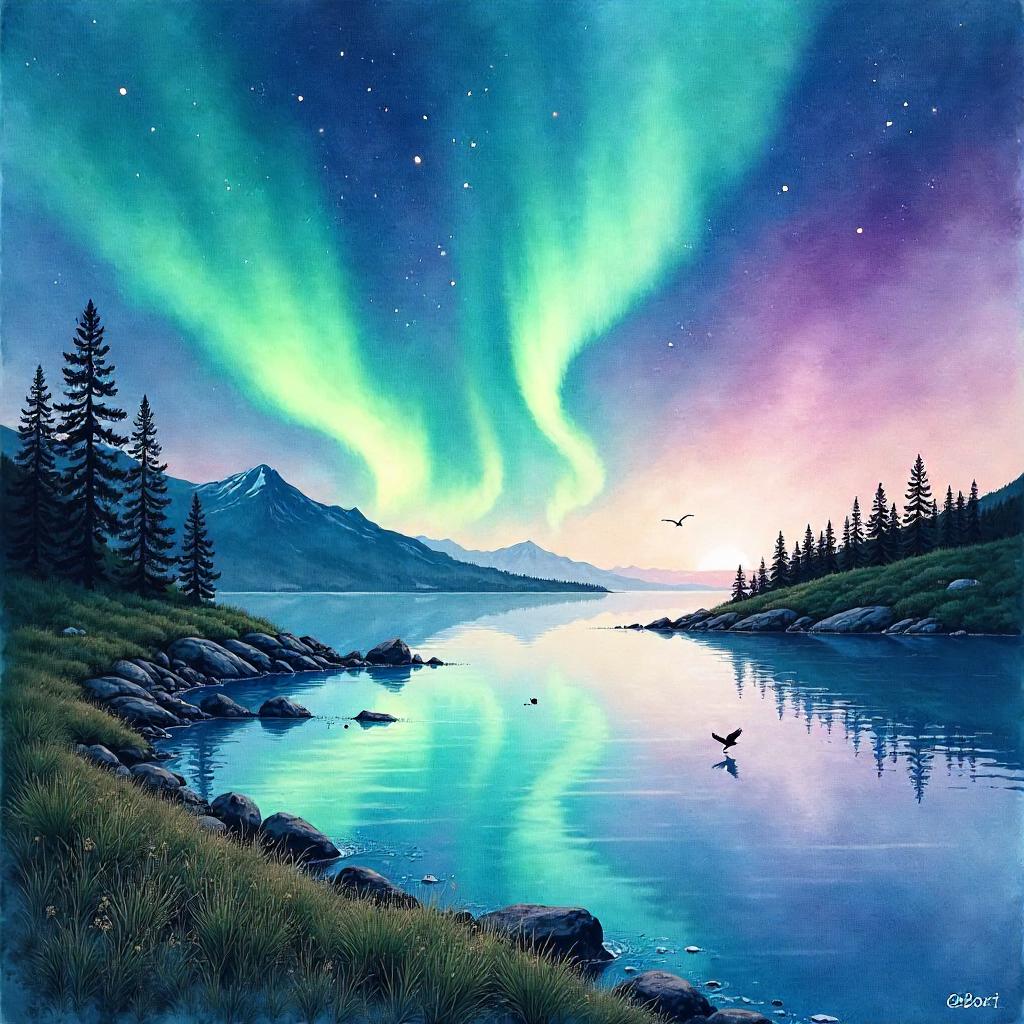 Aurora Fields over a Watercolor Archipelago