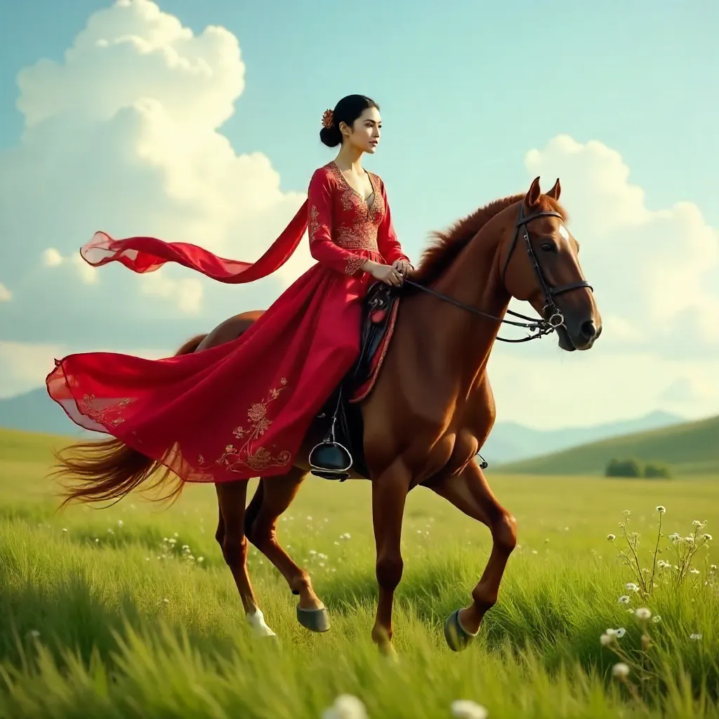 Graceful Red Attire: Woman on Horse in Emerald Grass