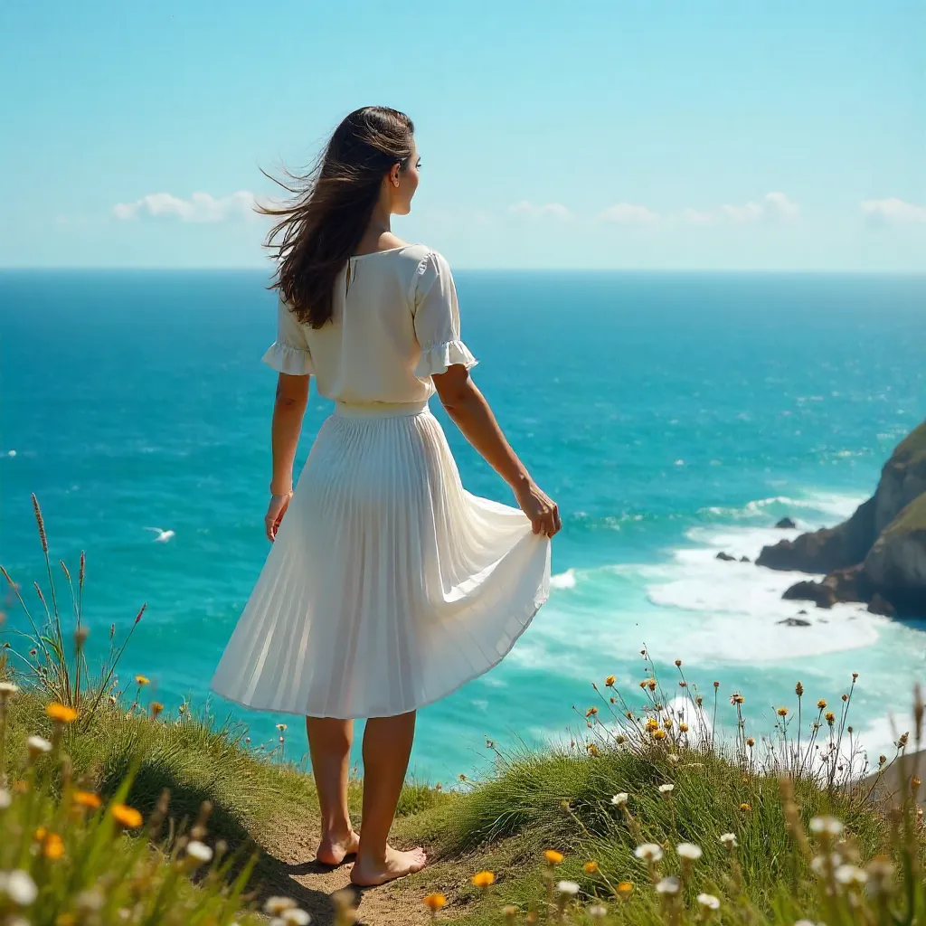 Woman in White Skirt on Grassy Clifftop