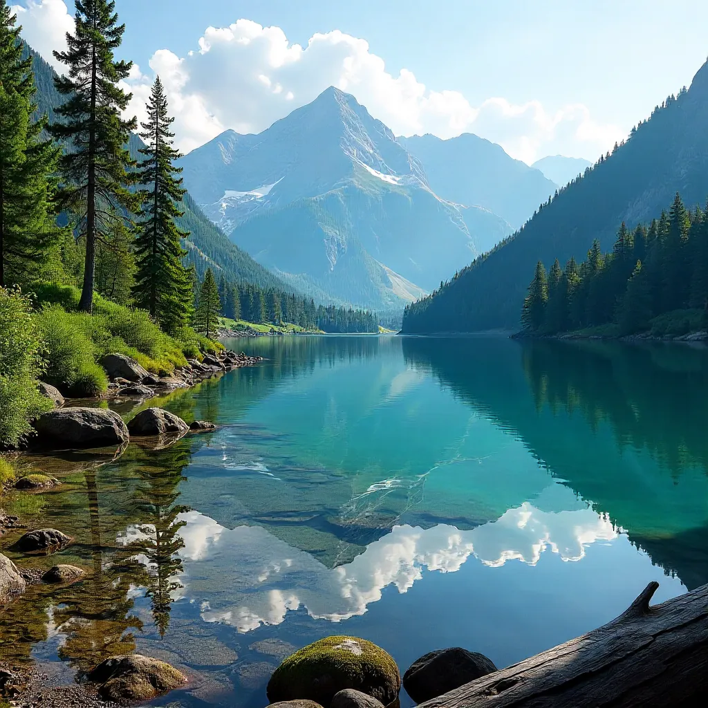 Tranquil Mountain Lake Among Lush Forests Under Clear Sky