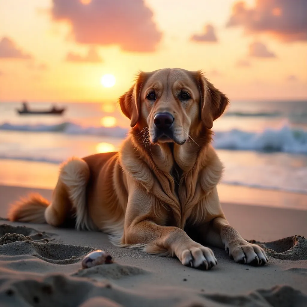 Serene Sunset Rest: Golden Retriever on the Beach