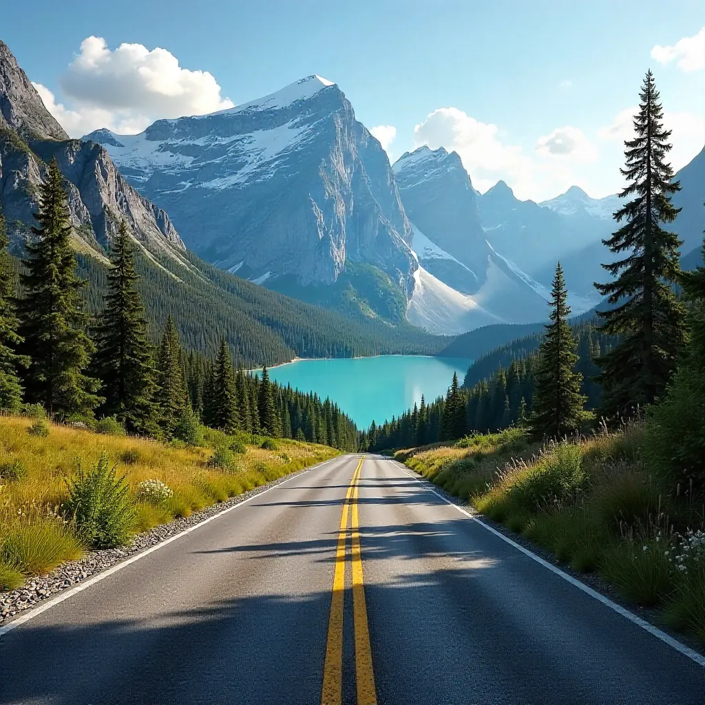 Winding Road Toward Jasper's Majestic Rockies