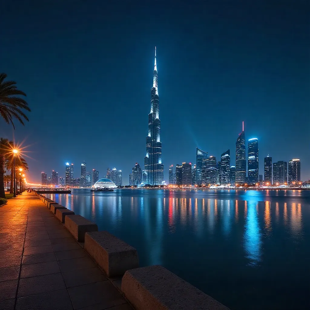 Dubai Night Skyline of Illuminated Skyscrapers