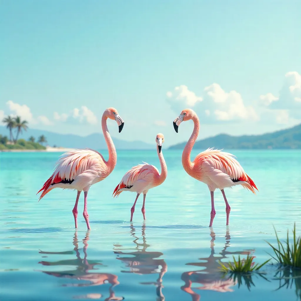 Serene Flamingos in Blue Calm Waters