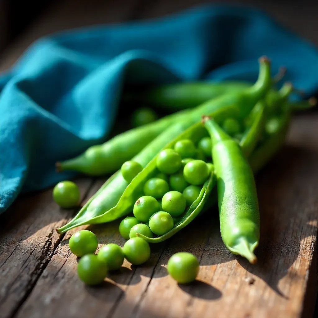 Green Peas and Pods on Rustic Wood with Blue Cloth