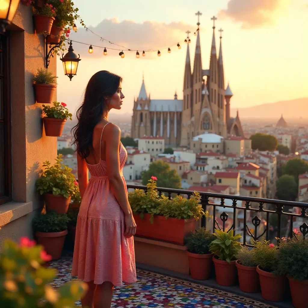 Rooftop Reverie: Woman Gazing at Sagrada Familia