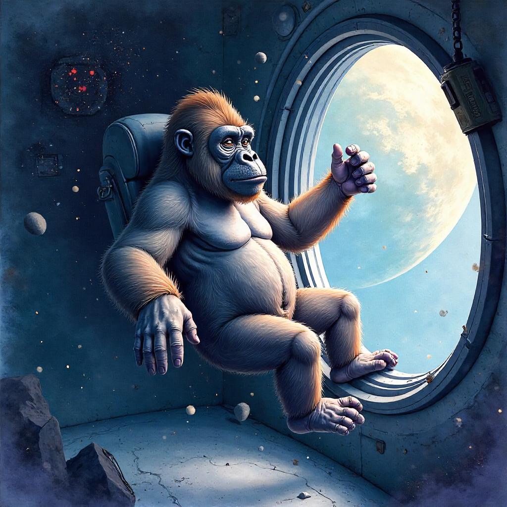 Watercolor Gorilla Drifting in Zero Gravity