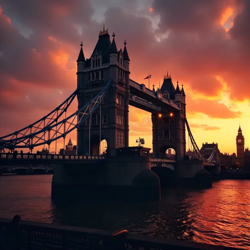 Silhouetted Walkers on Tower Bridge at Sunset